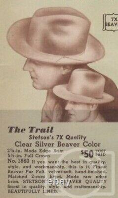 7X Clear Beaver Stetson 1930s -1950s Reinforced Edge. 7 1/4 Very Hard To Find