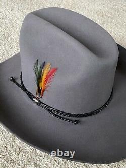 MINT Vtg Stetson Dillon Cowboy Hat 7 3/8 Smoke Grey 4X Beaver, Feathers and Box