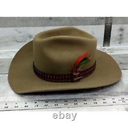 RARE Stetson 3x Beaver Cowboy Hat Med. 7 1/4 Leather Strap & Feather 1534