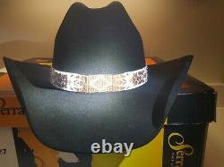SERRATELLI 6X BLACK 4 BRIM WESTERN COWBOY HAT Size 7 3/8 beaded band NIB