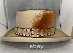 Stetson 5X Beaver Fur Felt Beige Gambler Cowboy Hat Size 7 1/8 Long Oval+ Case