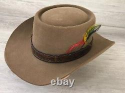 Stetson XXX Beaver Rancher Cowboy Hat Mens Sz 7-3/8 Brown Leather Band & Feather