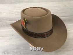 Stetson XXX Beaver Rancher Cowboy Hat Mens Sz 7-3/8 Brown Leather Band & Feather