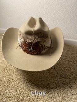 VTG John B. Stetson 4X Beaver Cowboy Hat with Feather Hatband Light Beige READ