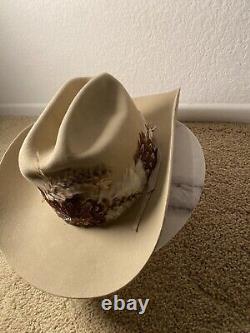 VTG John B. Stetson 4X Beaver Cowboy Hat with Feather Hatband Light Beige READ