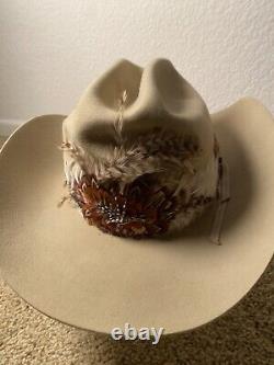 VTG John B. Stetson 4X Beaver Cowboy Hat with Feather Hatband Light Beige READ