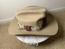 VTG John B. Stetson 4X Beaver Cowboy Hat with Feather Hatband Light Beige READ