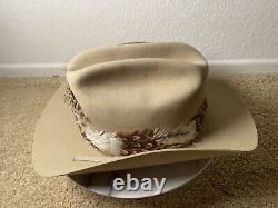 VTG John B. Stetson 4X Beaver Cowboy Hat with Feather Hatband Light Beige READ