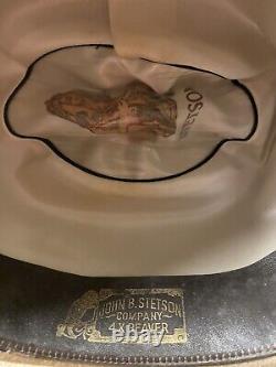 VTG John B. Stetson 4X Beaver Cowboy Hat with Feather Hatband Light Beige READ