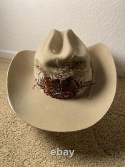 VTG John B. Stetson 4X Beaver Cowboy Hat with Feather Hatband Light Beige READ