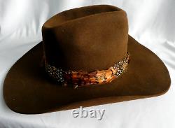 VTG John B. Stetson Brown 4X Beaver Cowboy Hat with Feather Hatband Size 7 withBox