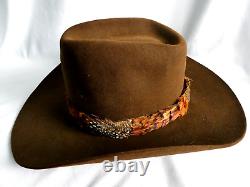 VTG John B. Stetson Brown 4X Beaver Cowboy Hat with Feather Hatband Size 7 withBox