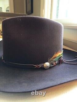 Vintage 10X Brown Beaver Cowboy Hat with Side Accent Feather Size 6 7/8
