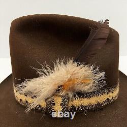 Vintage John B Stetson XXX 3X Beaver Fur Brown Feather 7 1/8 Western Cowboy Hat