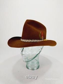 Vintage Stetson 3X Beaver Cowboy Hat Brown Feather 7 1/8