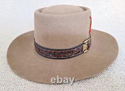 Vintage Stetson Cowboy Hat 4X Beaver Rancher 7-1/8 Beige Leather Band Feathers