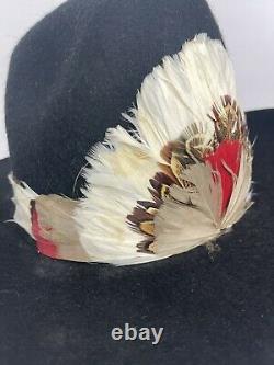 Vtg American Hat Co Beaver Fur Black Western Cowboy Hat w Feathers (23) Inner
