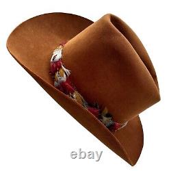 Vtg BEAVER BRAND Cowboy Hat Genuine Fur Felt Custom Made Size 7 1/2 Feather Band