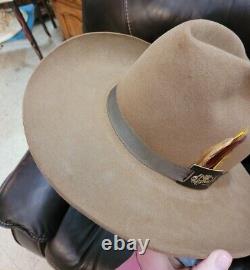 Vtg Stetson 4X XXXX Beaver Cowboy Hat Size 7 1/8 Beige Tan Feather With Box