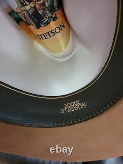 Vtg Stetson 4X XXXX Beaver Cowboy Hat Size 7 1/8 Beige Tan Feather With Box