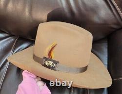 Vtg Stetson 4X XXXX Beaver Cowboy Hat Size 7 1/8 Beige Tan Feather With Box